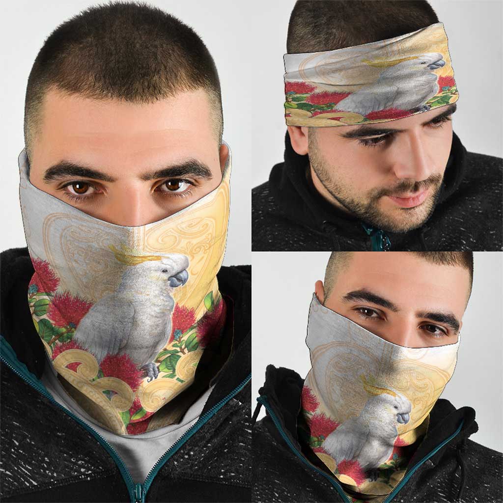 New Zealand Aotearoa Cockatoo Neck Gaiter Maori Pattern With Pohutukawa Flowers