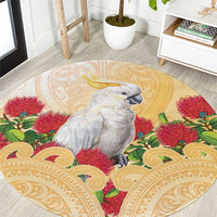 New Zealand Aotearoa Cockatoo Round Carpet Maori Pattern With Pohutukawa Flowers