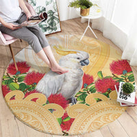 New Zealand Aotearoa Cockatoo Round Carpet Maori Pattern With Pohutukawa Flowers