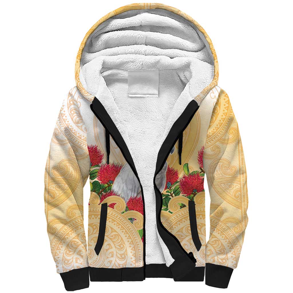 New Zealand Aotearoa Cockatoo Sherpa Hoodie Maori Pattern With Pohutukawa Flowers LT05 Unisex Beige - Polynesian Pride