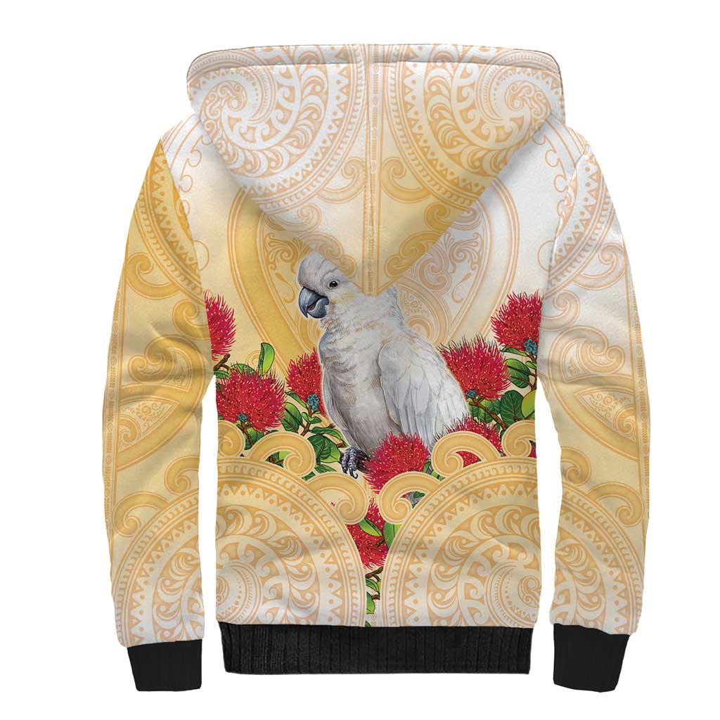 New Zealand Aotearoa Cockatoo Sherpa Hoodie Maori Pattern With Pohutukawa Flowers LT05 - Polynesian Pride