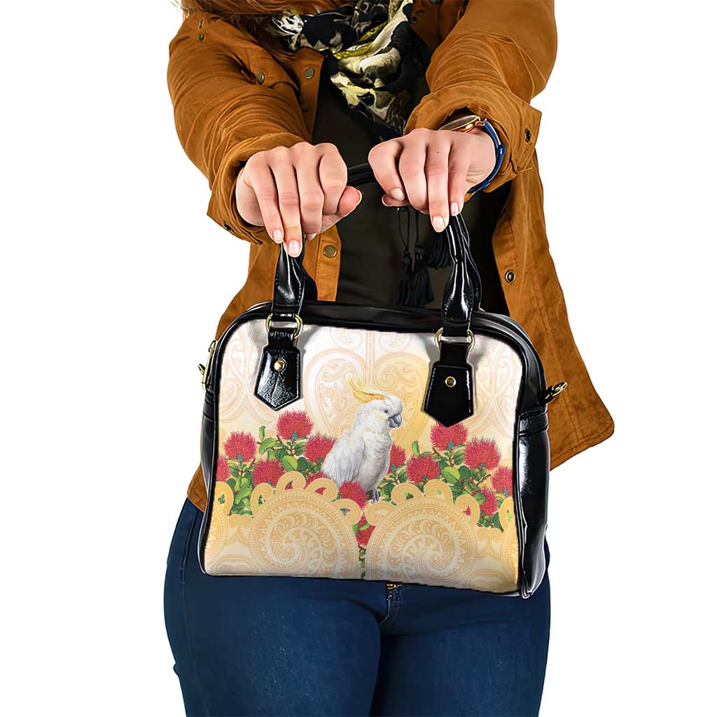 New Zealand Aotearoa Cockatoo Shoulder Handbag Maori Pattern With Pohutukawa Flowers