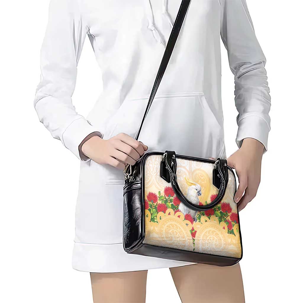 New Zealand Aotearoa Cockatoo Shoulder Handbag Maori Pattern With Pohutukawa Flowers