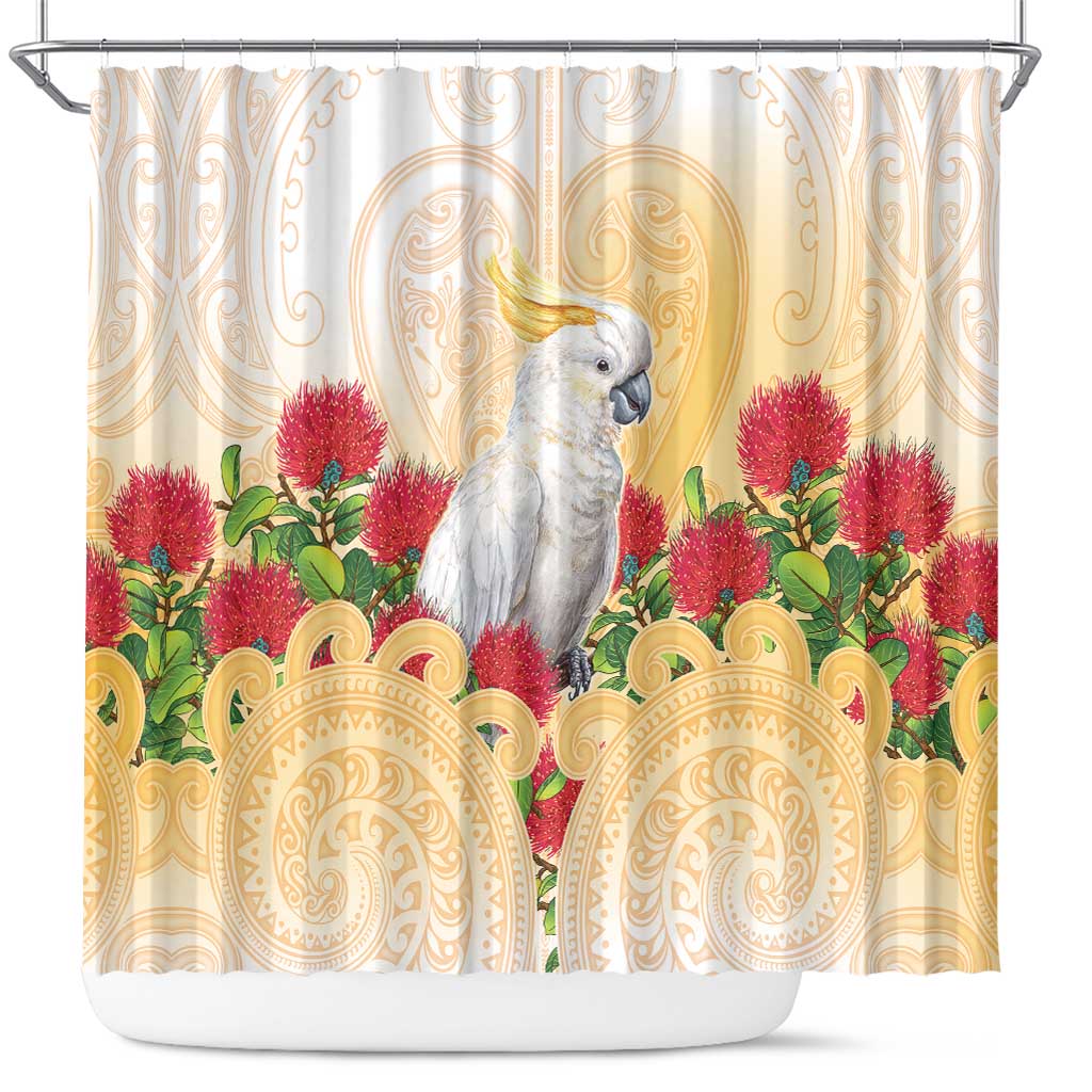 New Zealand Aotearoa Cockatoo Shower Curtain Maori Pattern With Pohutukawa Flowers