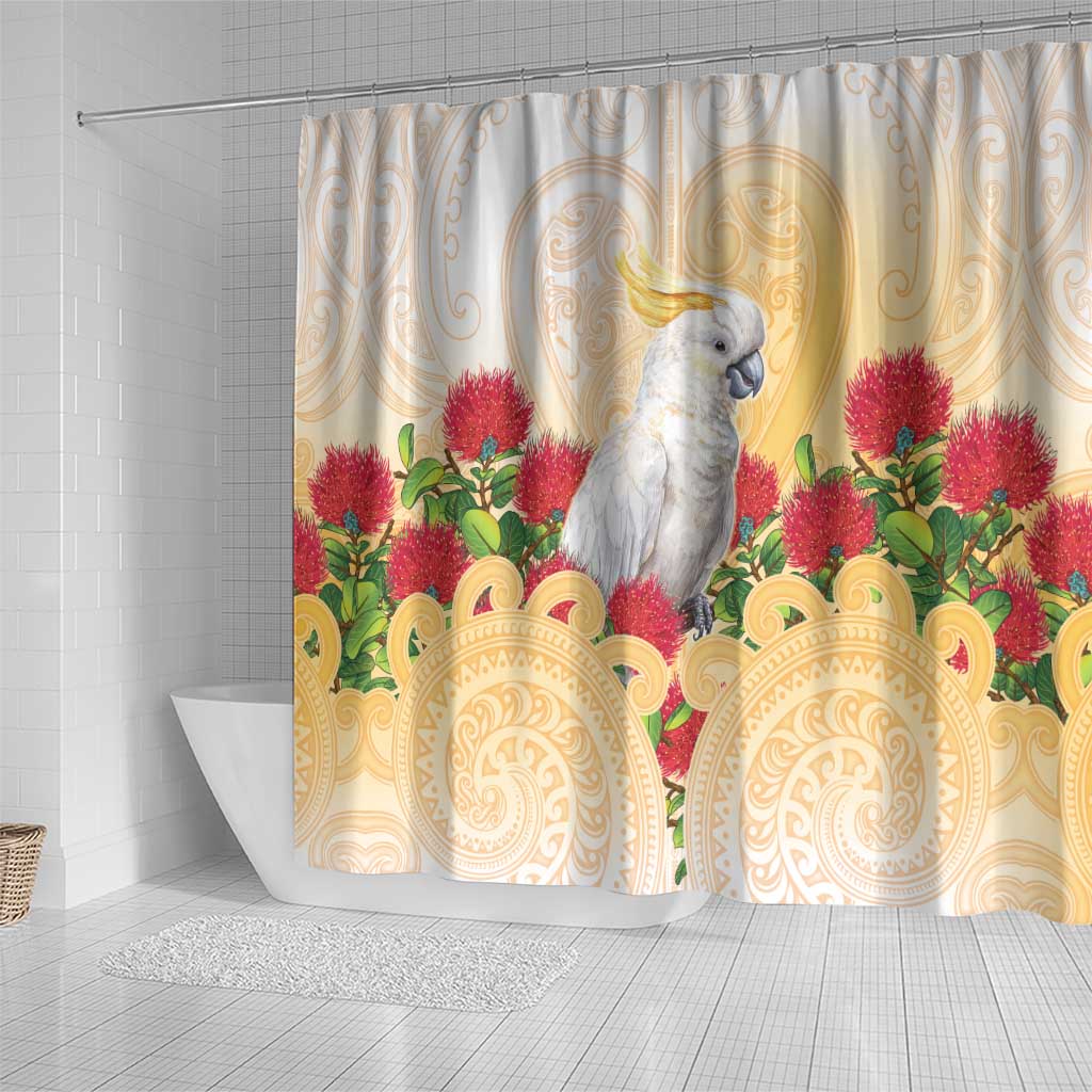 New Zealand Aotearoa Cockatoo Shower Curtain Maori Pattern With Pohutukawa Flowers