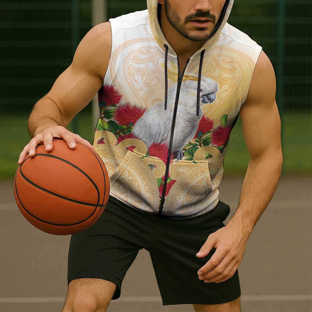 New Zealand Aotearoa Cockatoo Sleeveless Zip Hoodie Maori Pattern With Pohutukawa Flowers LT05 - Polynesian Pride