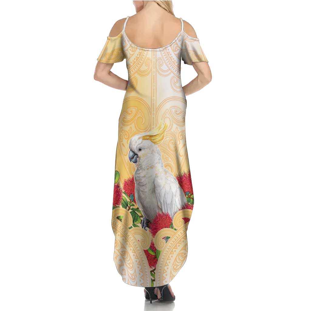 New Zealand Aotearoa Cockatoo Summer Maxi Dress Maori Pattern With Pohutukawa Flowers
