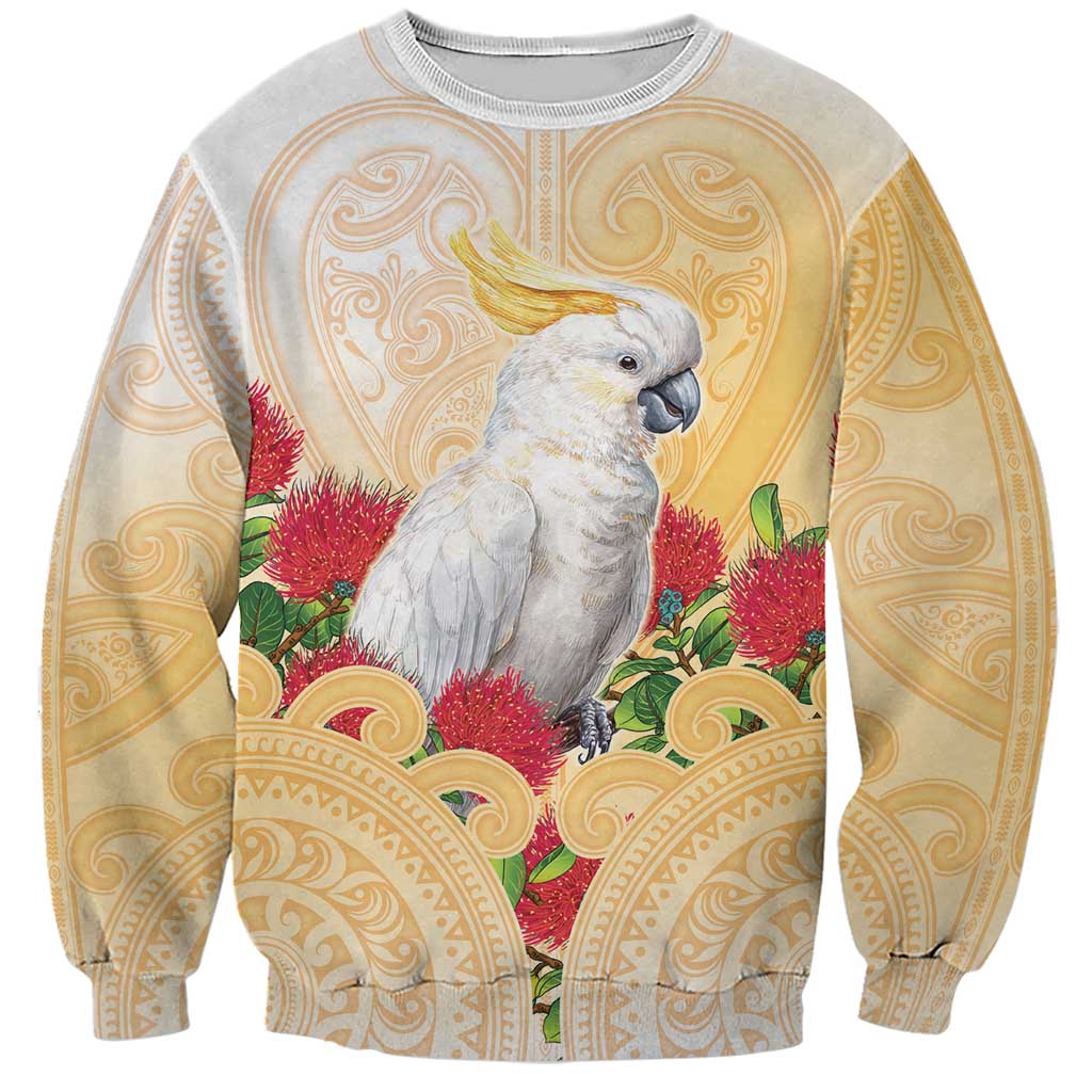 New Zealand Aotearoa Cockatoo Sweatshirt Maori Pattern With Pohutukawa Flowers