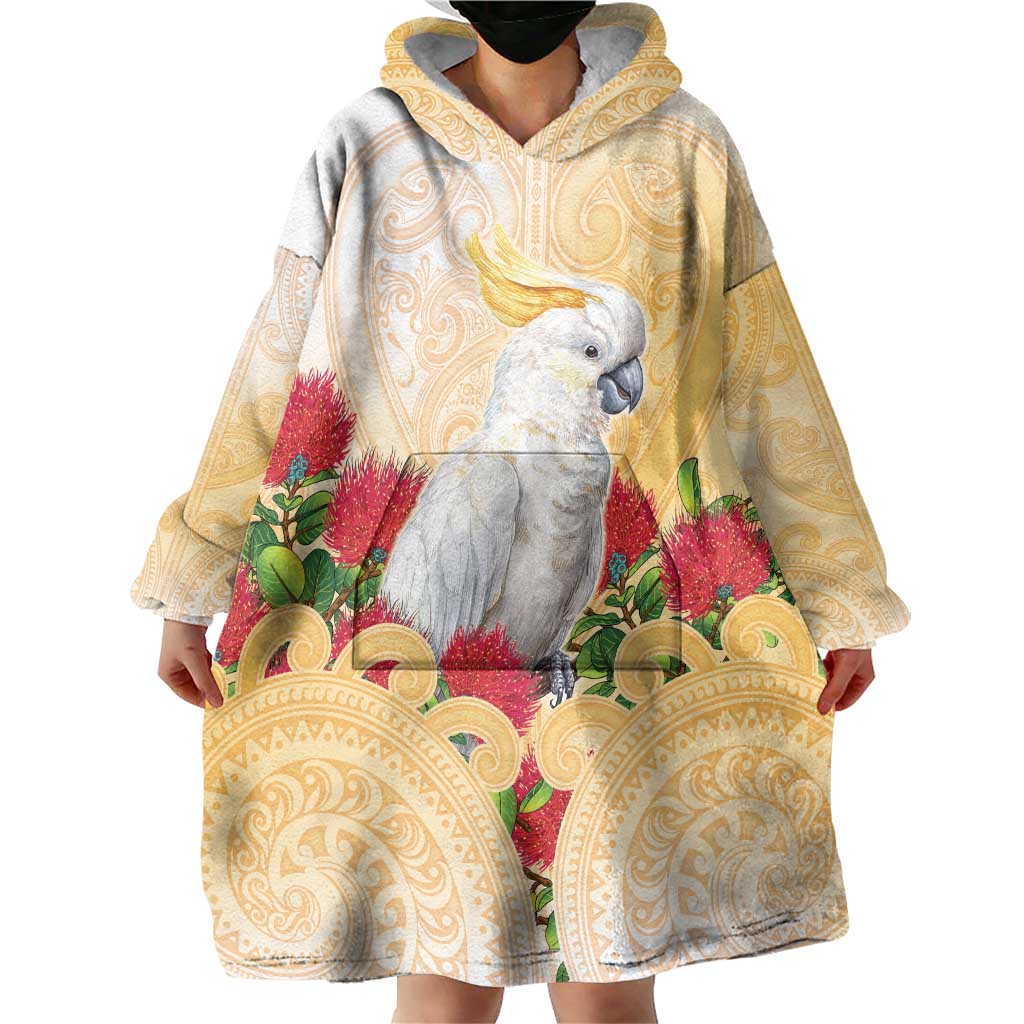 New Zealand Aotearoa Cockatoo Wearable Blanket Hoodie Maori Pattern With Pohutukawa Flowers LT05 - Polynesian Pride
