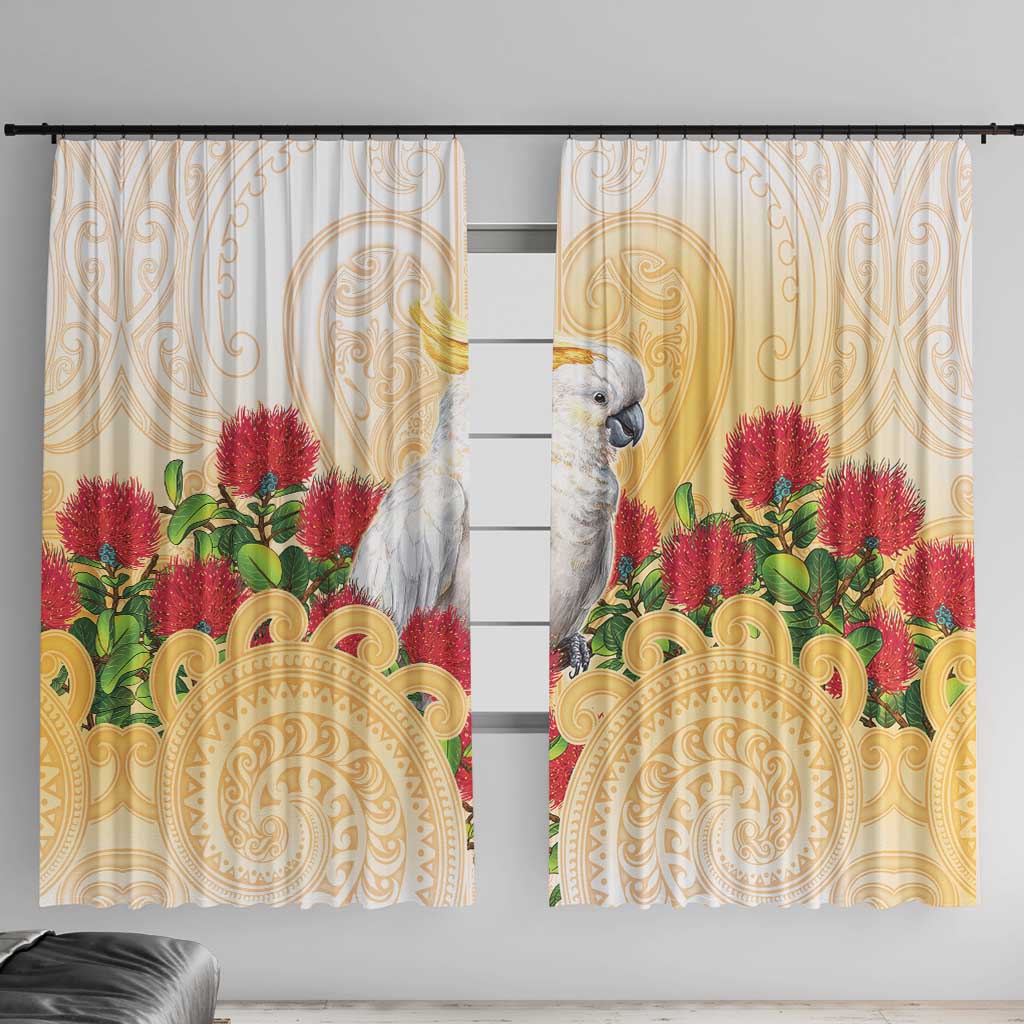 New Zealand Aotearoa Cockatoo Window Curtain Maori Pattern With Pohutukawa Flowers