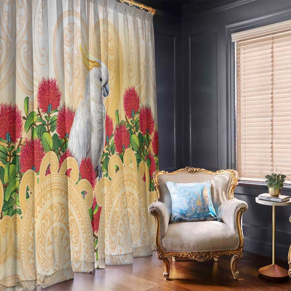 New Zealand Aotearoa Cockatoo Window Curtain Maori Pattern With Pohutukawa Flowers