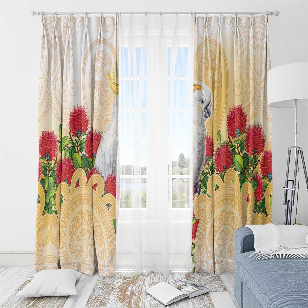 New Zealand Aotearoa Cockatoo Window Curtain Maori Pattern With Pohutukawa Flowers