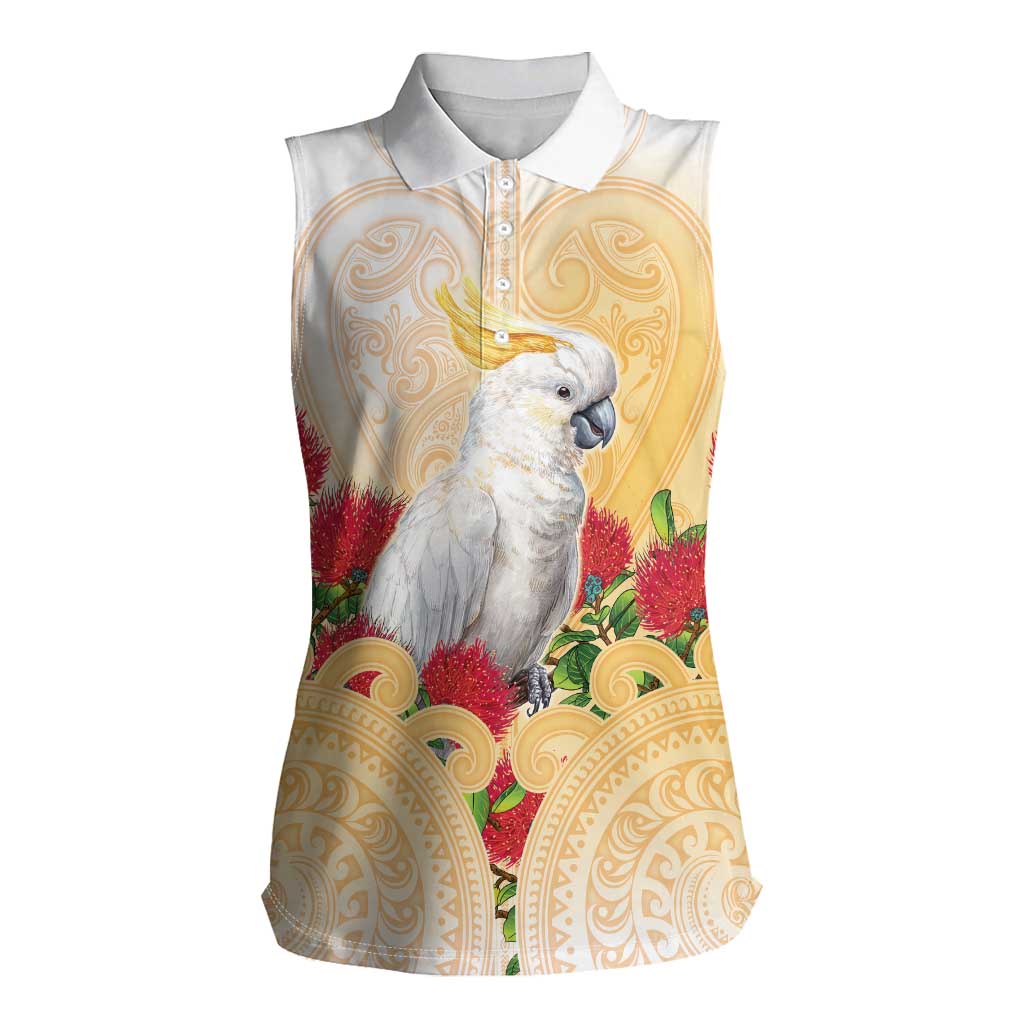 New Zealand Aotearoa Cockatoo Women Sleeveless Polo Shirt Maori Pattern With Pohutukawa Flowers LT05 Female Beige - Polynesian Pride