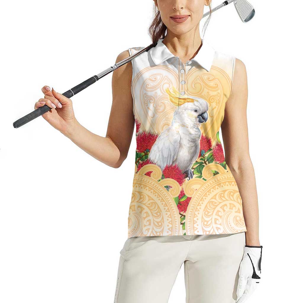 New Zealand Aotearoa Cockatoo Women Sleeveless Polo Shirt Maori Pattern With Pohutukawa Flowers LT05 - Polynesian Pride