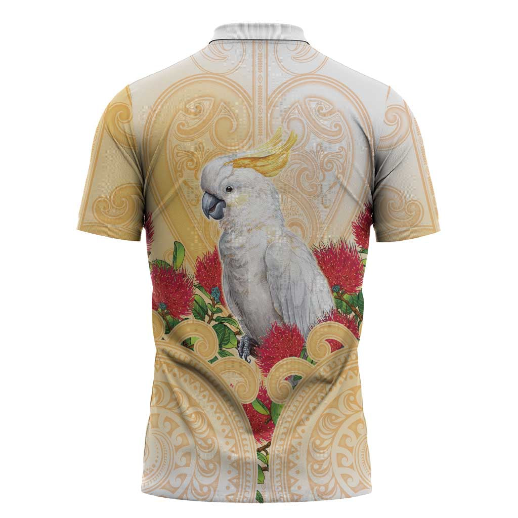 New Zealand Aotearoa Cockatoo Zipper Polo Shirt Maori Pattern With Pohutukawa Flowers LT05 - Polynesian Pride