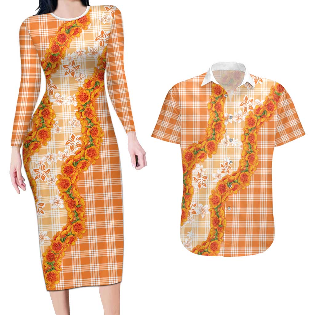 Orange Hawaii Palaka Couples Matching Long Sleeve Bodycon Dress and Hawaiian Shirt Hawaiian Ilima Lei