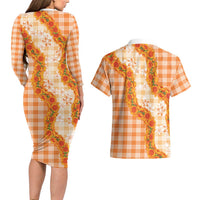 Orange Hawaii Palaka Couples Matching Long Sleeve Bodycon Dress and Hawaiian Shirt Hawaiian Ilima Lei