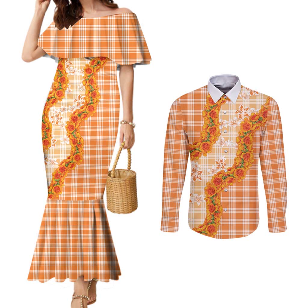 Orange Hawaii Palaka Couples Matching Mermaid Dress and Long Sleeve Button Shirt Hawaiian Ilima Lei LT05 Orange - Polynesian Pride