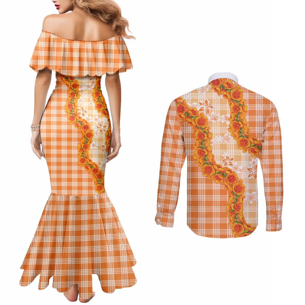 Orange Hawaii Palaka Couples Matching Mermaid Dress and Long Sleeve Button Shirt Hawaiian Ilima Lei LT05 - Polynesian Pride