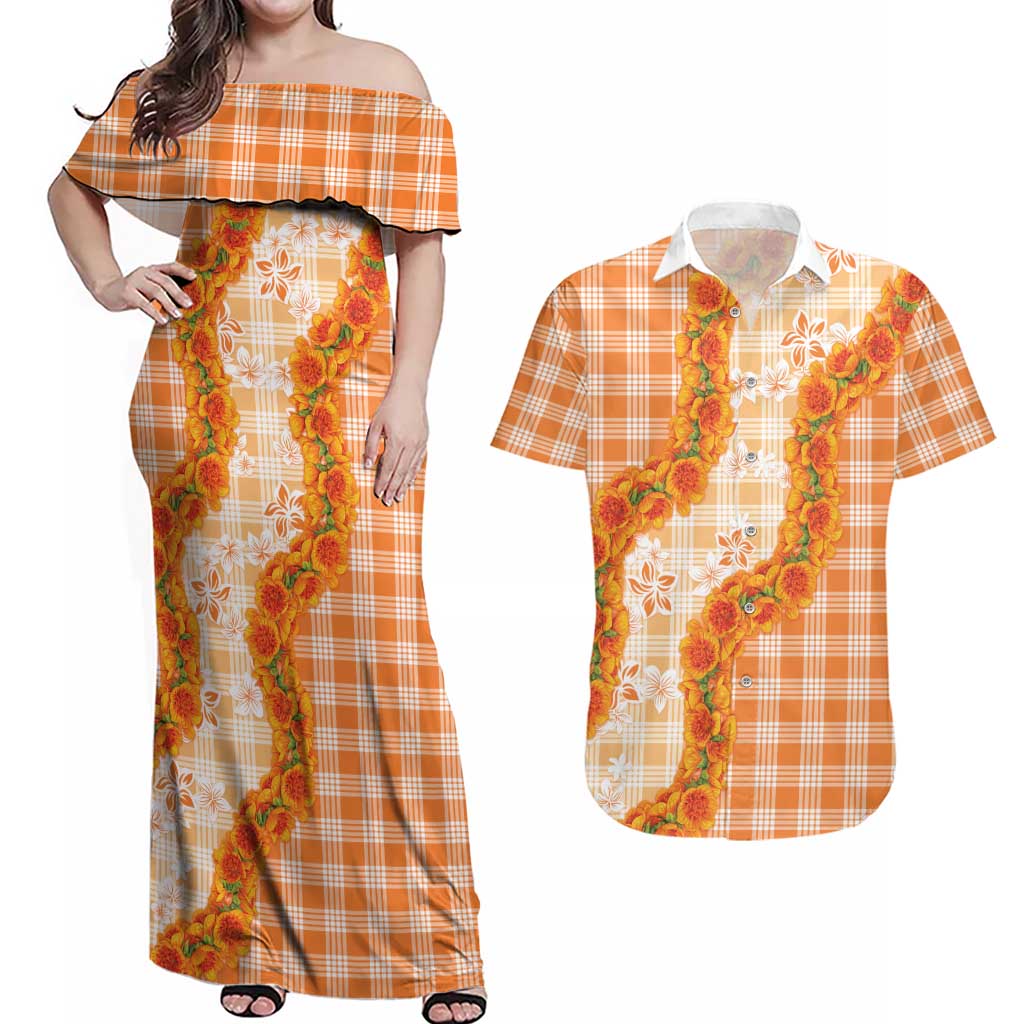 Orange Hawaii Palaka Couples Matching Off Shoulder Maxi Dress and Hawaiian Shirt Hawaiian Ilima Lei