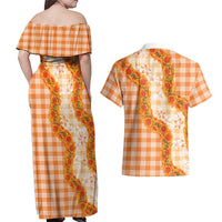 Orange Hawaii Palaka Couples Matching Off Shoulder Maxi Dress and Hawaiian Shirt Hawaiian Ilima Lei