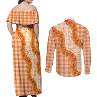 Orange Hawaii Palaka Couples Matching Off Shoulder Maxi Dress and Long Sleeve Button Shirt Hawaiian Ilima Lei