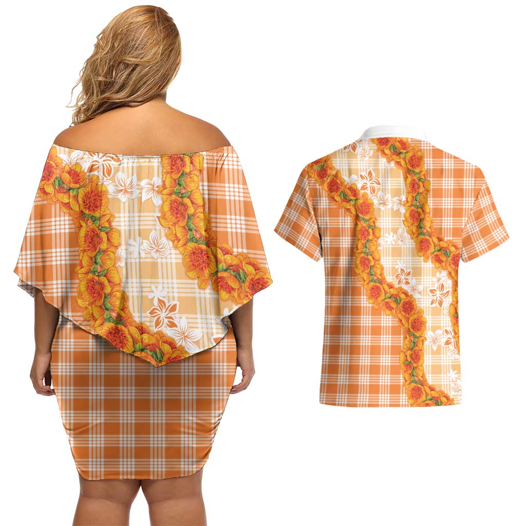 Orange Hawaii Palaka Couples Matching Off Shoulder Short Dress and Hawaiian Shirt Hawaiian Ilima Lei