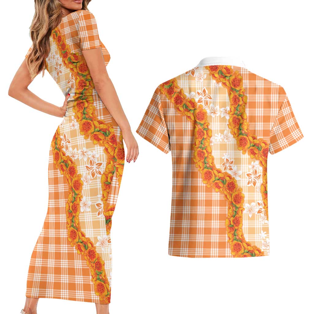 Orange Hawaii Palaka Couples Matching Short Sleeve Bodycon Dress and Hawaiian Shirt Hawaiian Ilima Lei