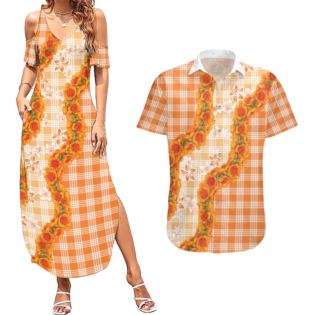 Orange Hawaii Palaka Couples Matching Summer Maxi Dress and Hawaiian Shirt Hawaiian Ilima Lei LT05 Orange - Polynesian Pride