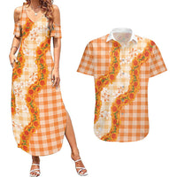 Orange Hawaii Palaka Couples Matching Summer Maxi Dress and Hawaiian Shirt Hawaiian Ilima Lei LT05 Orange - Polynesian Pride