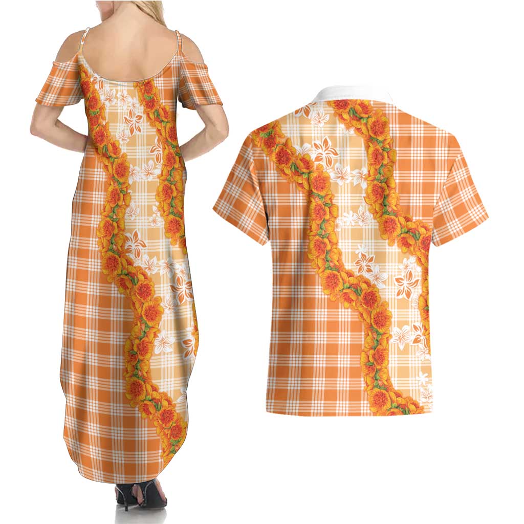 Orange Hawaii Palaka Couples Matching Summer Maxi Dress and Hawaiian Shirt Hawaiian Ilima Lei LT05 - Polynesian Pride