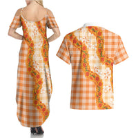 Orange Hawaii Palaka Couples Matching Summer Maxi Dress and Hawaiian Shirt Hawaiian Ilima Lei LT05 - Polynesian Pride