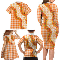 Orange Hawaii Palaka Family Matching Long Sleeve Bodycon Dress and Hawaiian Shirt Hawaiian Ilima Lei LT05 - Polynesian Pride