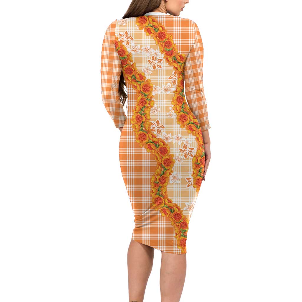 Orange Hawaii Palaka Family Matching Long Sleeve Bodycon Dress and Hawaiian Shirt Hawaiian Ilima Lei LT05 - Polynesian Pride