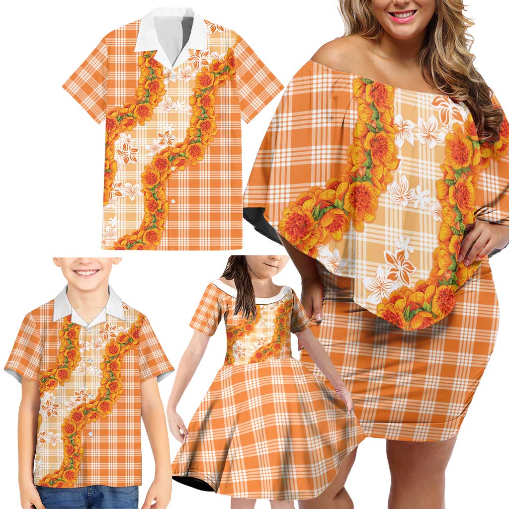 Orange Hawaii Palaka Family Matching Off Shoulder Short Dress and Hawaiian Shirt Hawaiian Ilima Lei LT05 - Polynesian Pride