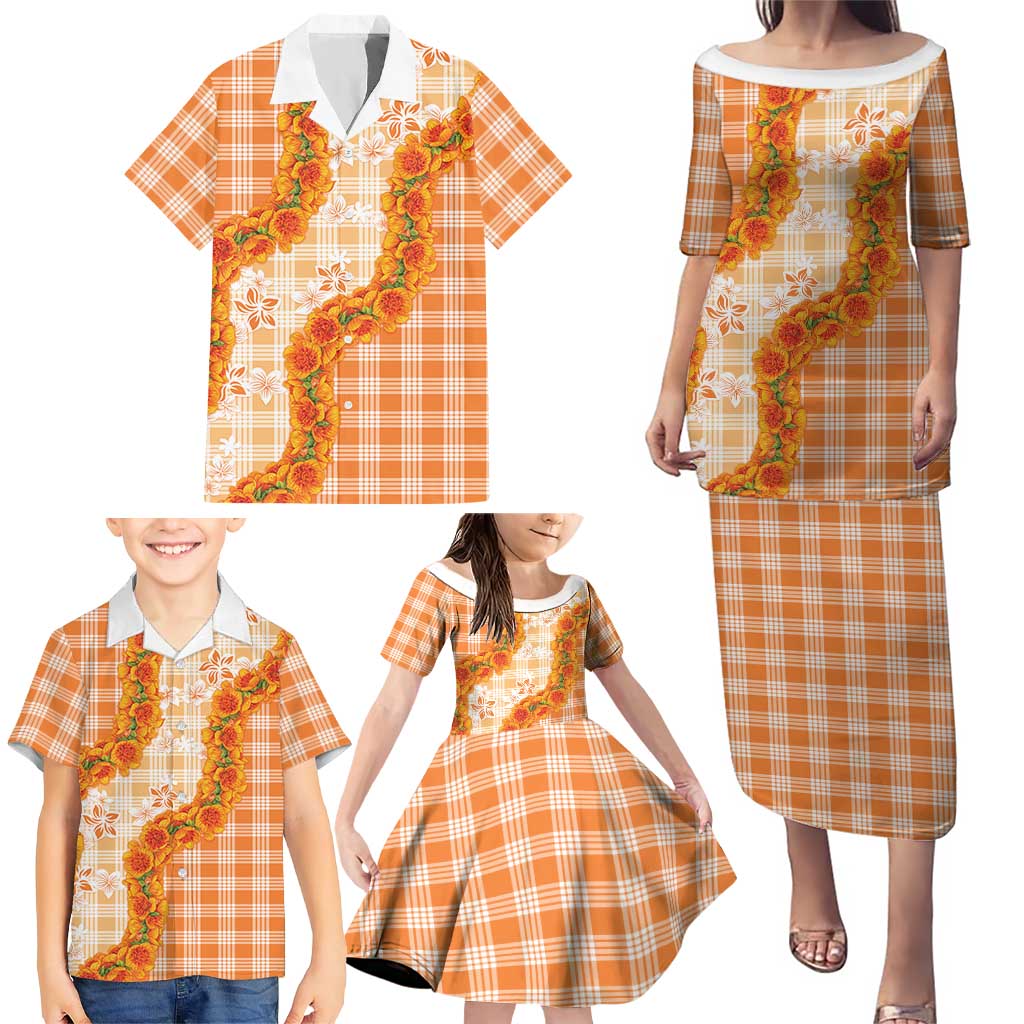Orange Hawaii Palaka Family Matching Puletasi and Hawaiian Shirt Hawaiian Ilima Lei LT05 - Polynesian Pride