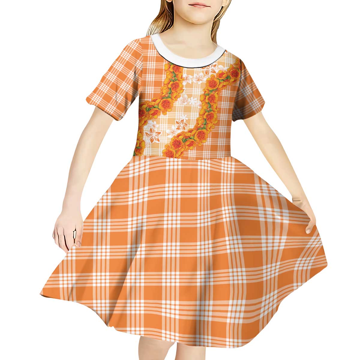 Orange Hawaii Palaka Kid Short Sleeve Dress Hawaiian Ilima Lei