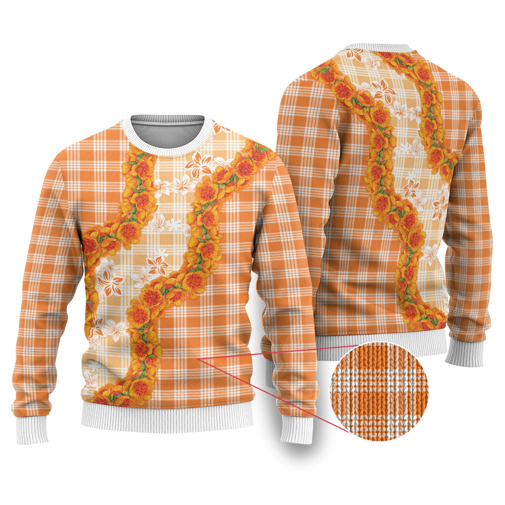 Orange Hawaii Palaka Ugly Christmas Sweater Hawaiian Ilima Lei LT05 Orange - Polynesian Pride