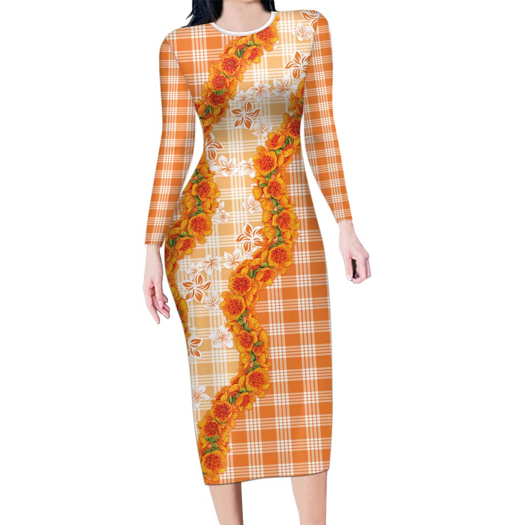 Orange Hawaii Palaka Long Sleeve Bodycon Dress Hawaiian Ilima Lei
