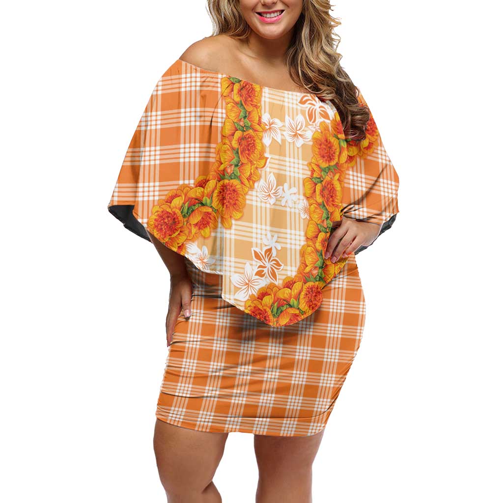 Orange Hawaii Palaka Off Shoulder Short Dress Hawaiian Ilima Lei