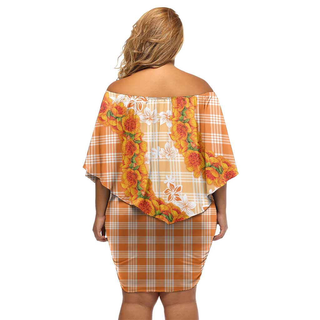 Orange Hawaii Palaka Off Shoulder Short Dress Hawaiian Ilima Lei