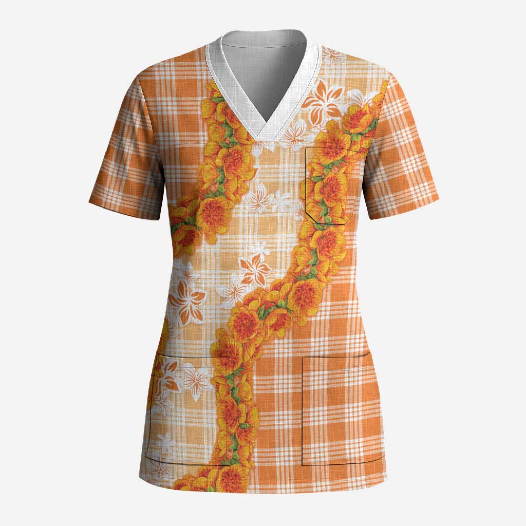Orange Hawaii Palaka Scrub Top Hawaiian Ilima Lei