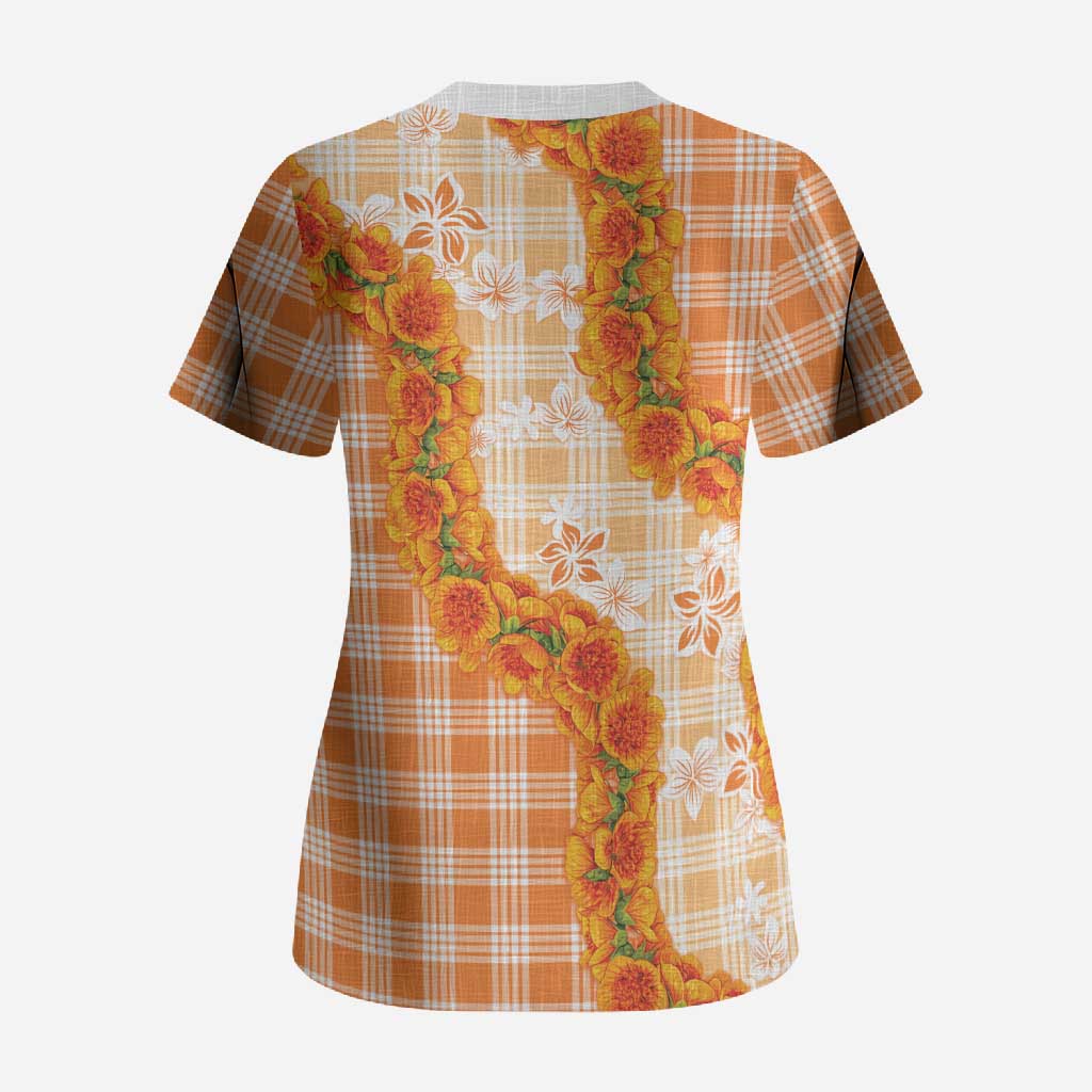 Orange Hawaii Palaka Scrub Top Hawaiian Ilima Lei