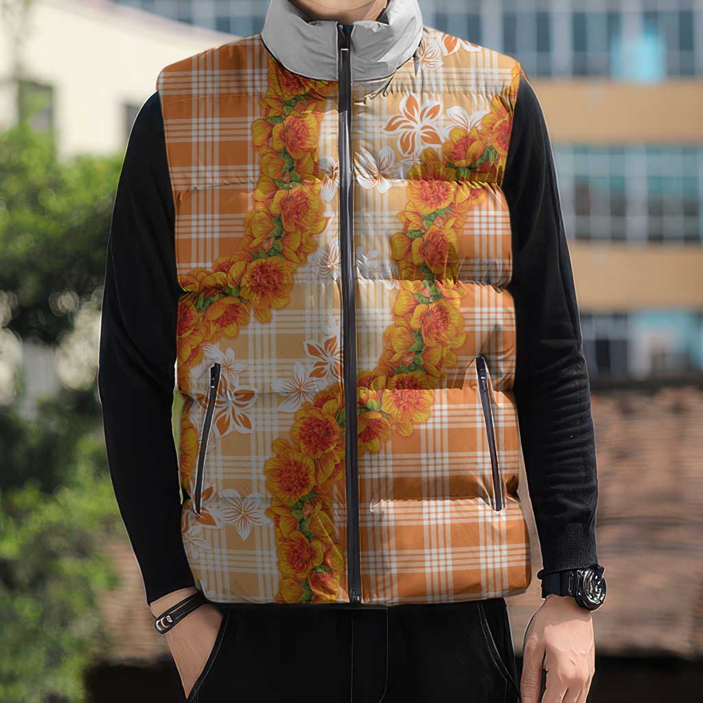Orange Hawaii Palaka Sleeveless Puffer Jacket Hawaiian Ilima Lei