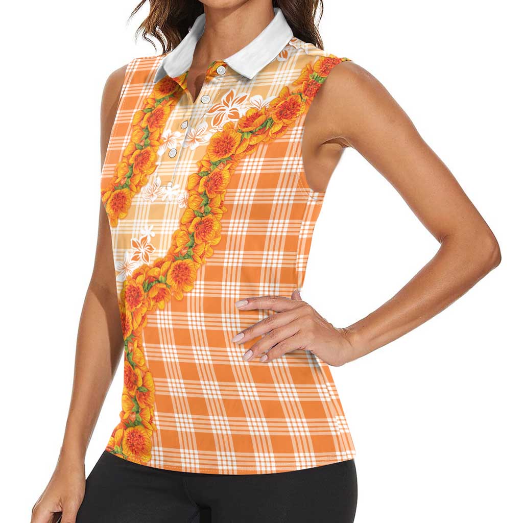 Orange Hawaii Palaka Women Sleeveless Polo Shirt Hawaiian Ilima Lei