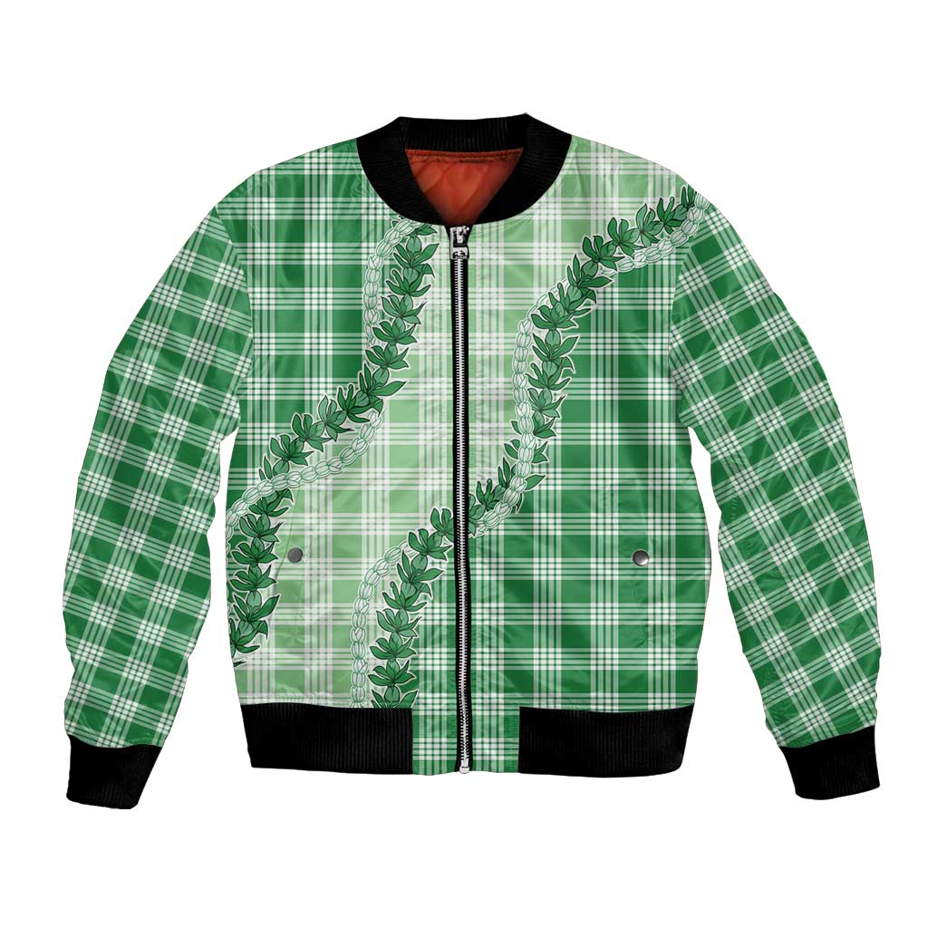 Green Hawaii Palaka Bomber Jacket Hawaiian Pikake Lei