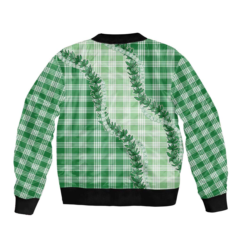 Green Hawaii Palaka Bomber Jacket Hawaiian Pikake Lei