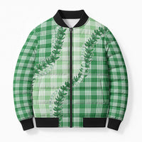 Green Hawaii Palaka Bomber Puffer Jacket Hawaiian Pikake Lei