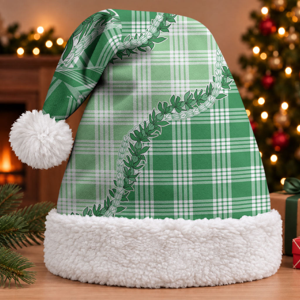 Green Hawaii Palaka Christmas Santa Hat Hawaiian Pikake Lei LT05 With Fur Green - Polynesian Pride