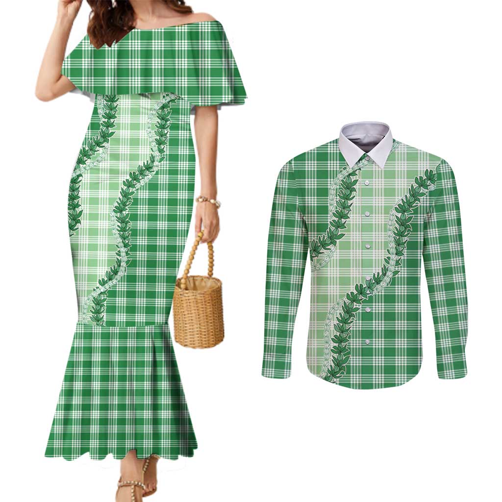 Green Hawaii Palaka Couples Matching Mermaid Dress and Long Sleeve Button Shirt Hawaiian Pikake Lei LT05 Green - Polynesian Pride